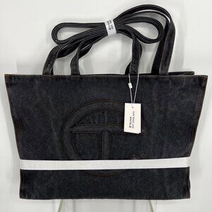 Telfar Large Black Denim Shopping Tote Crossbody Bag